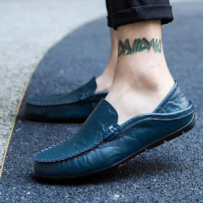 Men's blue genuine leather loafers, casual slip-on moccasins with stitched toe, boat-shoe vibe by Simples Market