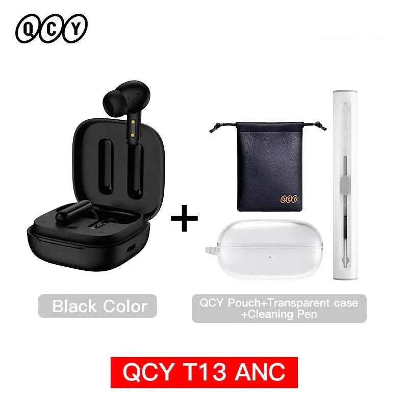 QCY T13 ANC wireless earbuds in black with charging case; includes 1 black pouch, 1 transparent case, and cleaning pen