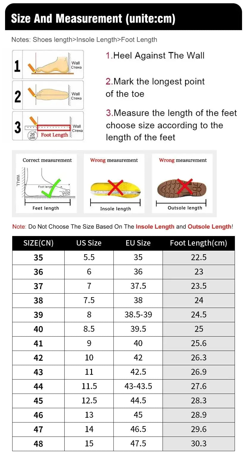 Men's sneakers sizing guide infographic with foot measurement steps and size chart.