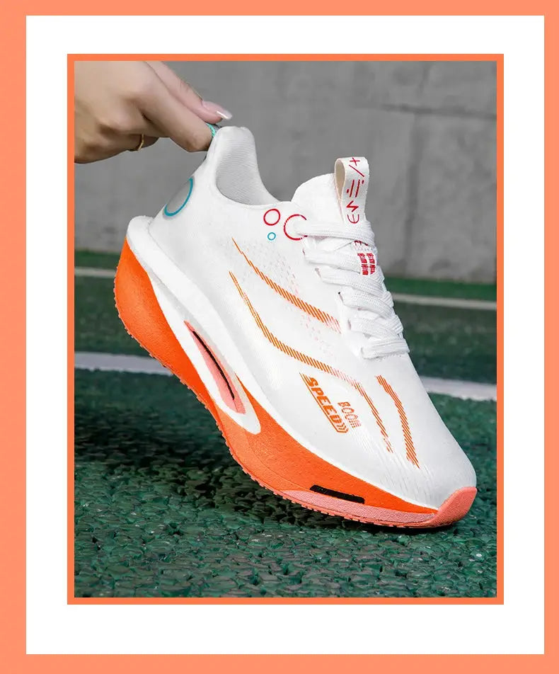 Carbon plate running shoes; white and orange, lightweight breathable racing sneakers for training