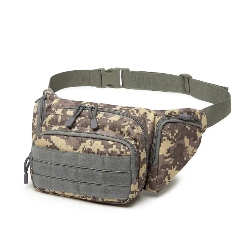 Simples Market tactical waist pack digital camo with multiple zip pockets, MOLLE front panel, and adjustable belt.