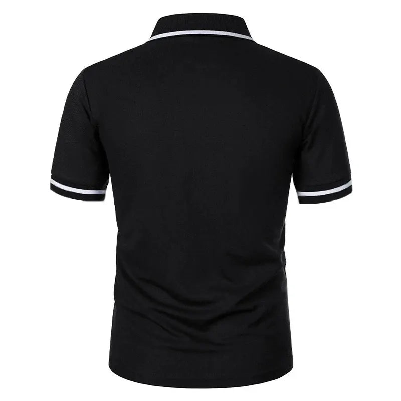 Men's black short-sleeve polo with white collar and cuff trim, back view.