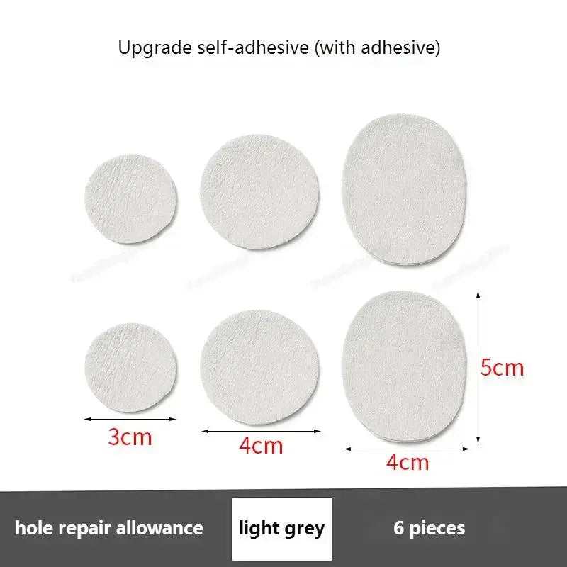 Simples Market light grey self-adhesive shoe repair patches set, 6 pieces in circular and oval shapes for sneakers.