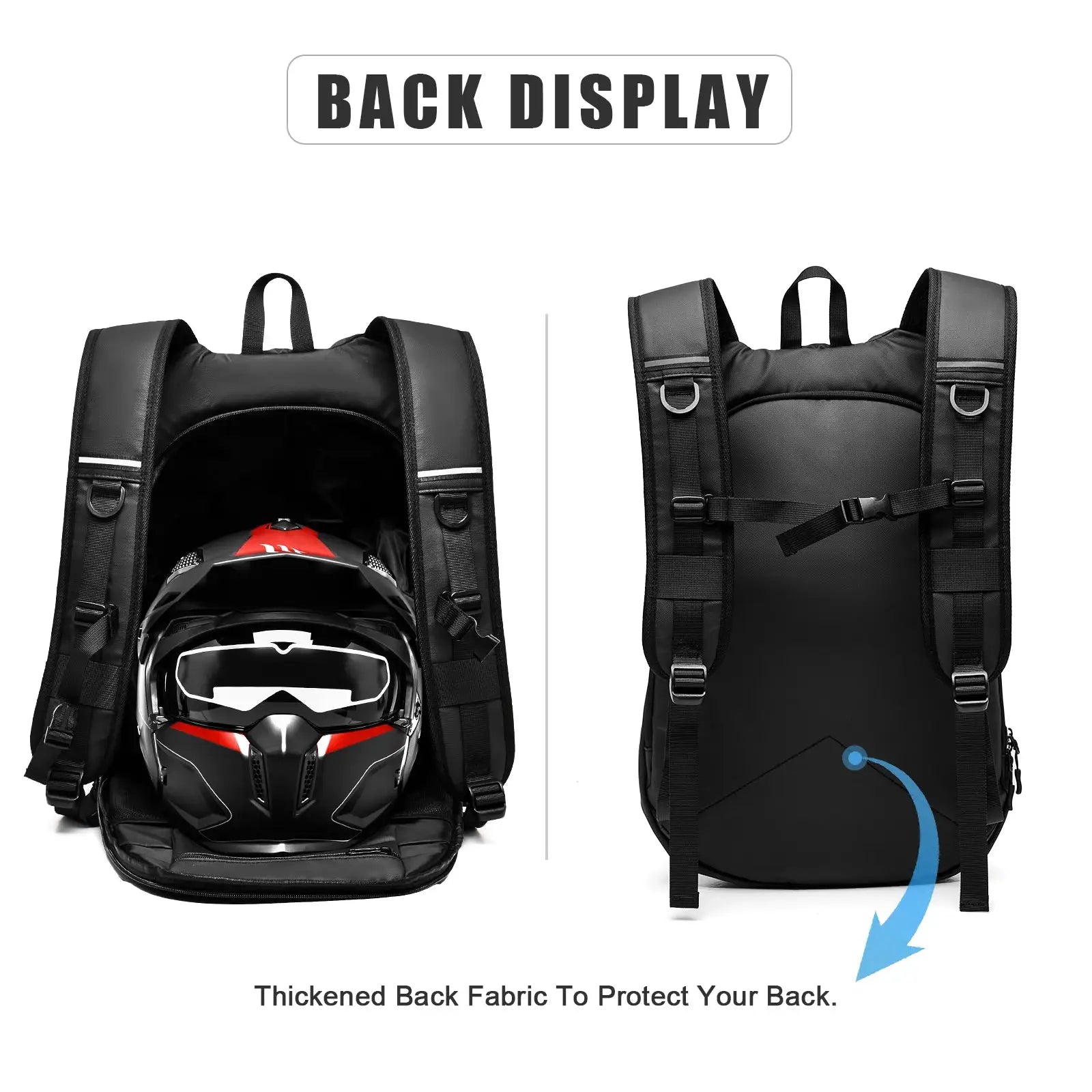 Motorcycle backpack 40L, black waterproof lightweight with reflective strip, shown with helmet inside.