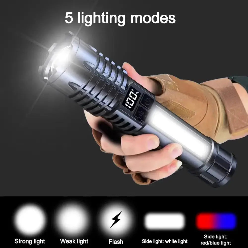Simples Market 100000LM rechargeable LED flashlight, tactical waterproof outdoor lantern with five modes