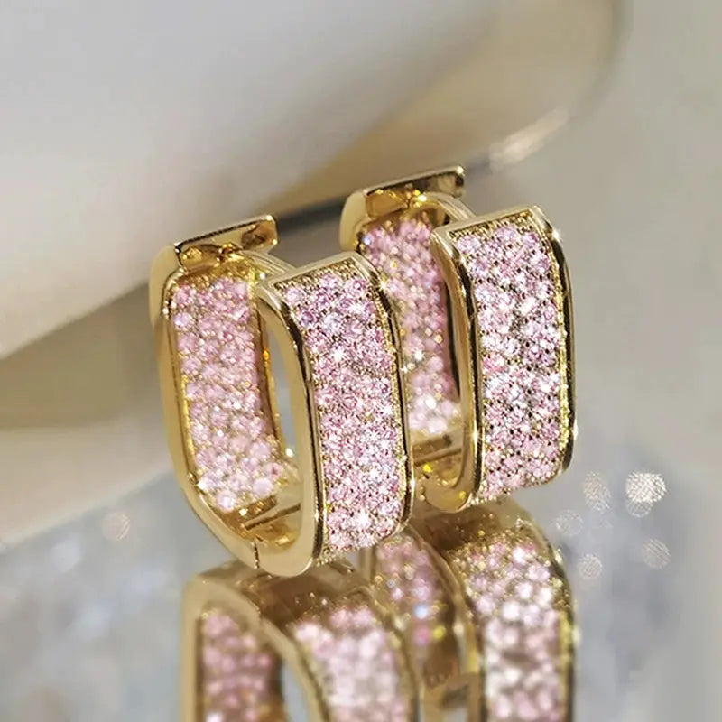 Huitan Korean Fashion Paved CZ Hoop Earrings for Women Silver or Gold Color Versatile Copper Alloy