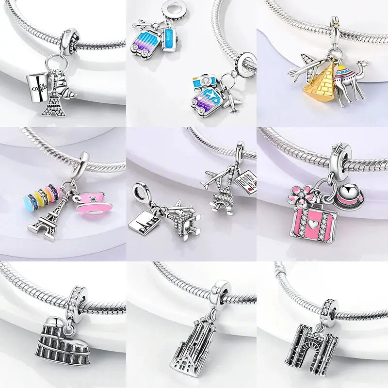 Travel Charm 925 Silver Plane Pendant Eiffel Tower Bead Charm For Bracelet Women Fashion Jewelry