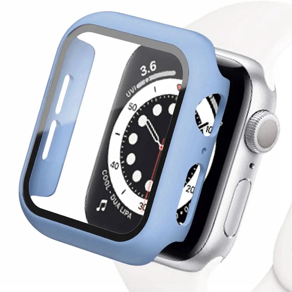 Apple Watch blue tempered glass screen protector with protective case by Simples Market for 40–45mm models