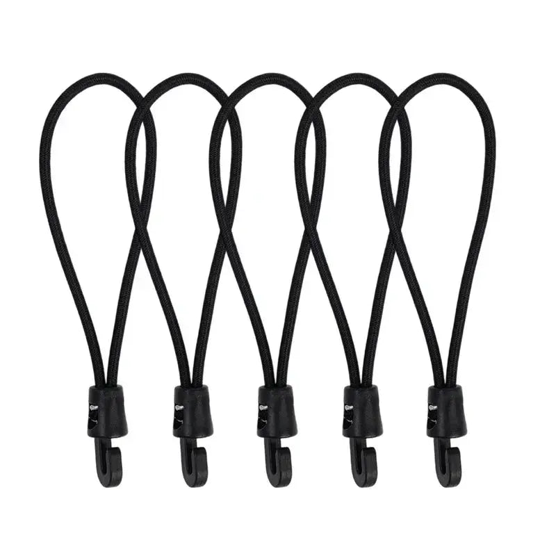 Six black bungee cords with hooks, 6-pack for camping tarpaulins