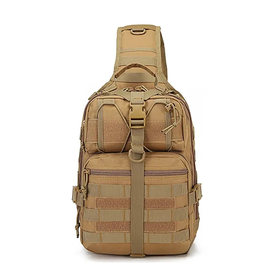 Simples Market tactical military sling bag tan with MOLLE webbing and front pocket