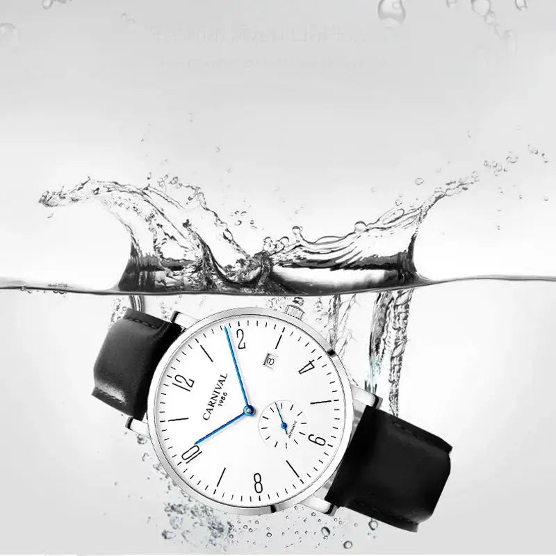 Carnival men's wrist watch with white dial, blue hands, black leather strap, calendar window, waterproof.