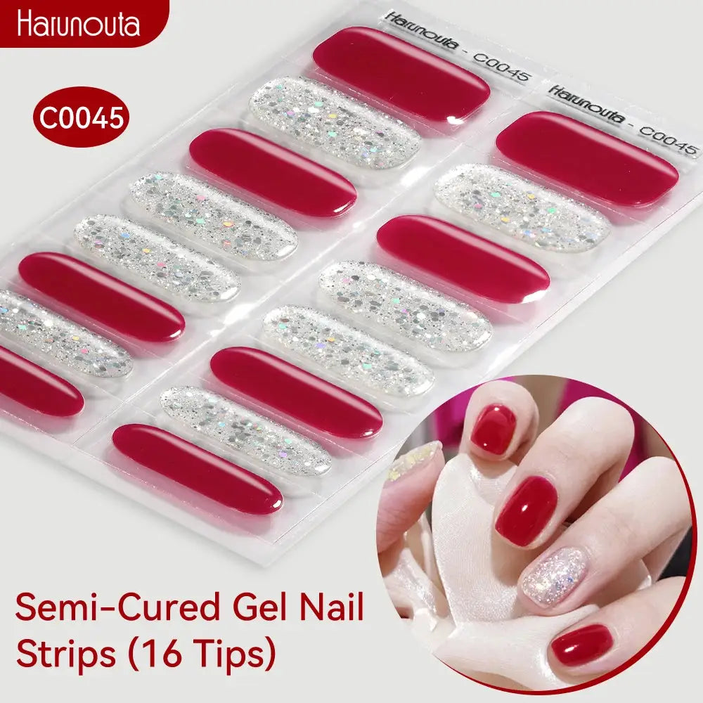Harunouta gradient auroras semi-cured gel nail strips, 16 tips with red solid and silver glitter designs