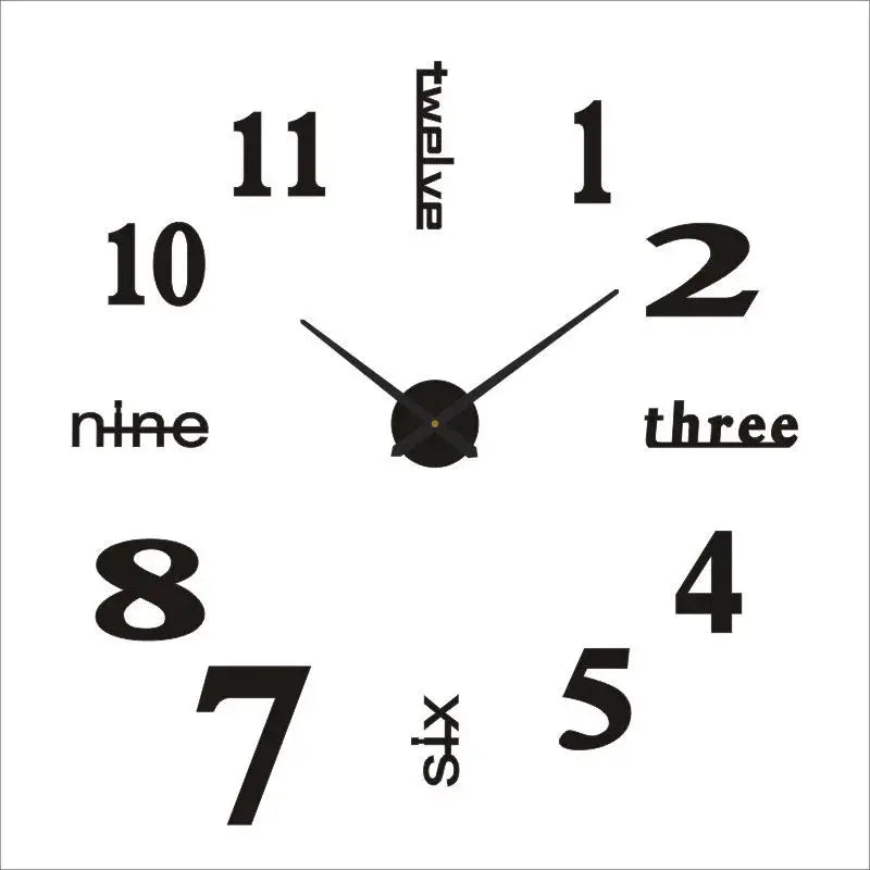 Soundless 3D number wall clock poster, white backdrop with oversized black numerals and clock hands for living room or bedroom