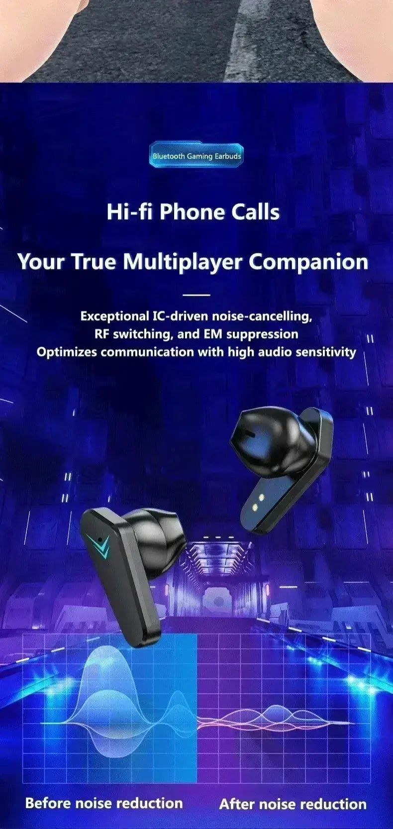 Pair of Bluetooth TWS Gaming Earphones, black wireless in-ear earbuds with built-in mic and LED indicator lights