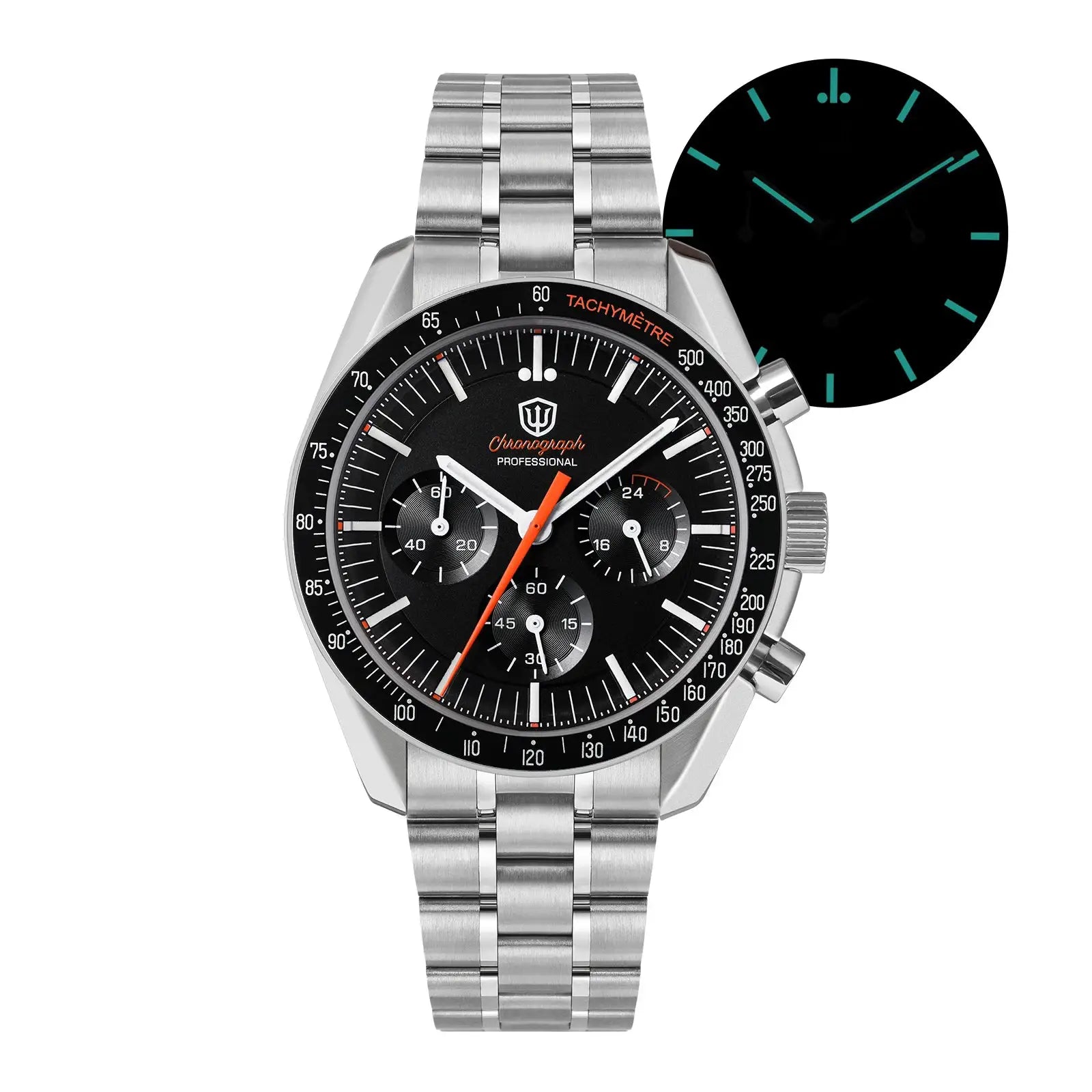 Chronograph watch with stainless steel bracelet, black dial, orange hands and tachymeter bezel.