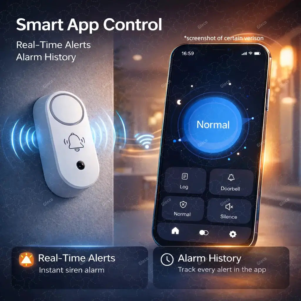 Zigbee siren alarm with vibration sensor, white wall-mount unit, shown with a smartphone app displaying Normal status