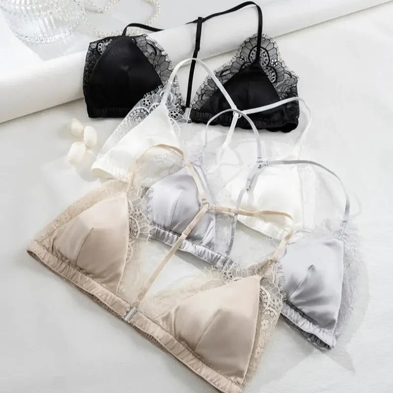 Birdtree lace wireless bralette trio in black, beige, and silver triangle cups