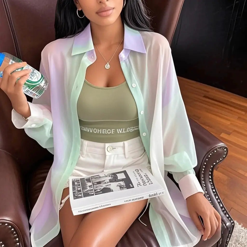 See-through gradient rainbow long-sleeve shirt worn open over a green crop top