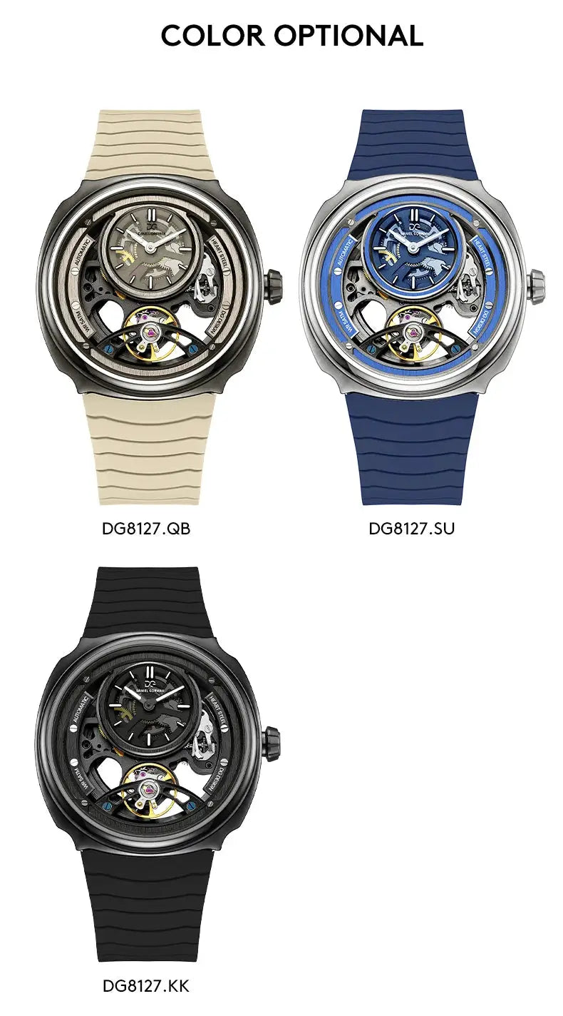 Daniel GORMAN men's automatic skeleton watch with silicone sport strap; beige, blue and black color options (3 watches)