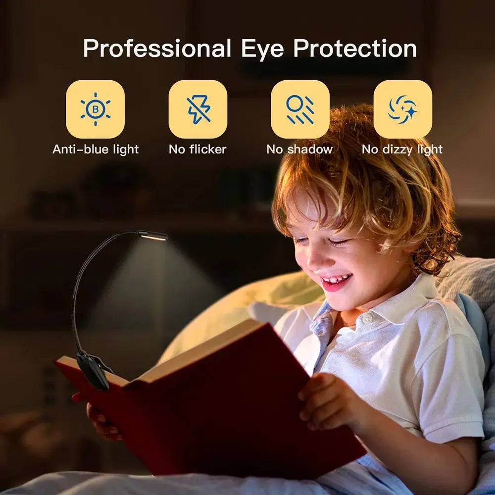 LED book light with clip, black flexible neck, USB rechargeable, 3-level warm to daylight white for night reading.