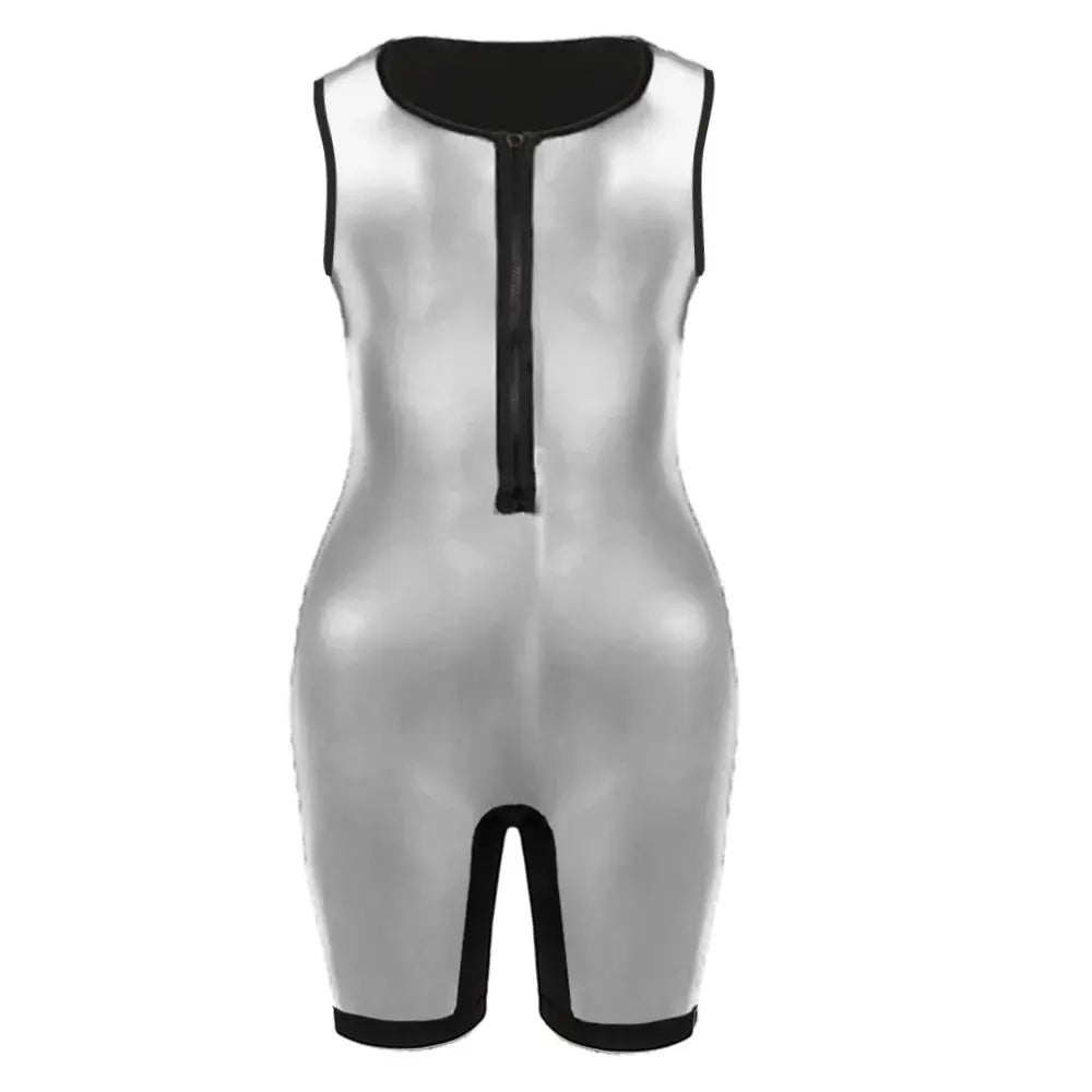 Silver sauna bodysuit with black trim, sleeveless jumpsuit featuring a center back zipper
