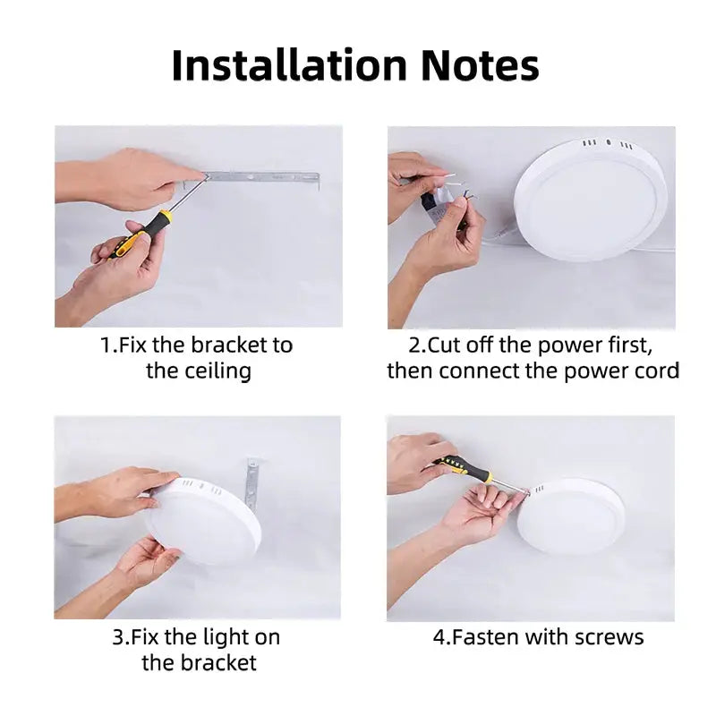 White LED ceiling lamp with 4-step installation guide for bracket mounting