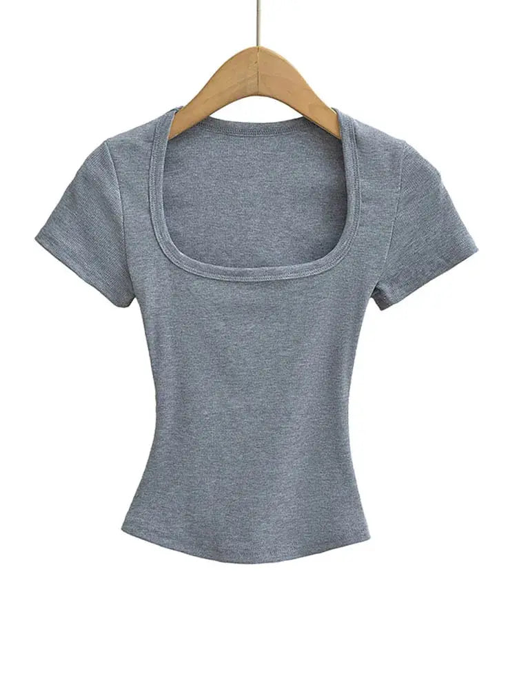 Womens Slim Fit Square Collar Crop Top High Stretch Short Sleeve Pullover Summer Blouse T Shirt For Layering
