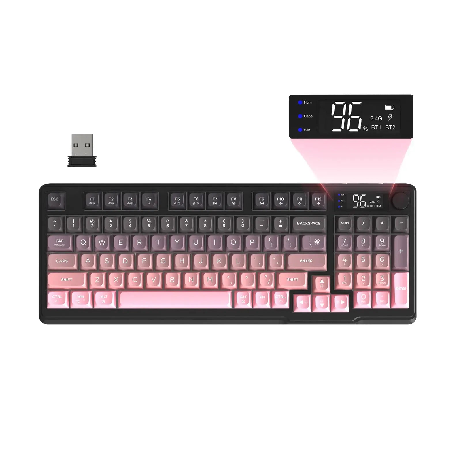 ZIYOU LANG wireless gaming keyboard with pink gradient keycaps, display screen and knob.