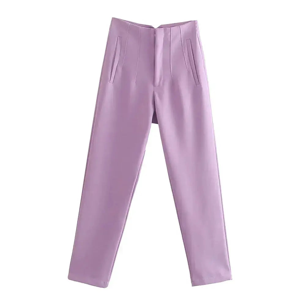 Duoperi Women High Waist Trousers Solid Color Premium Polyester Blend for Comfort and Flattering Fit