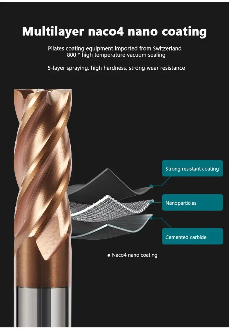 HRC55 4 Flute Carbide End Mill Tungsten Cobalt Cutter NACO4 Nano Coating Hardened Steel Cast Iron CNC Milling 9 To 20 Mm