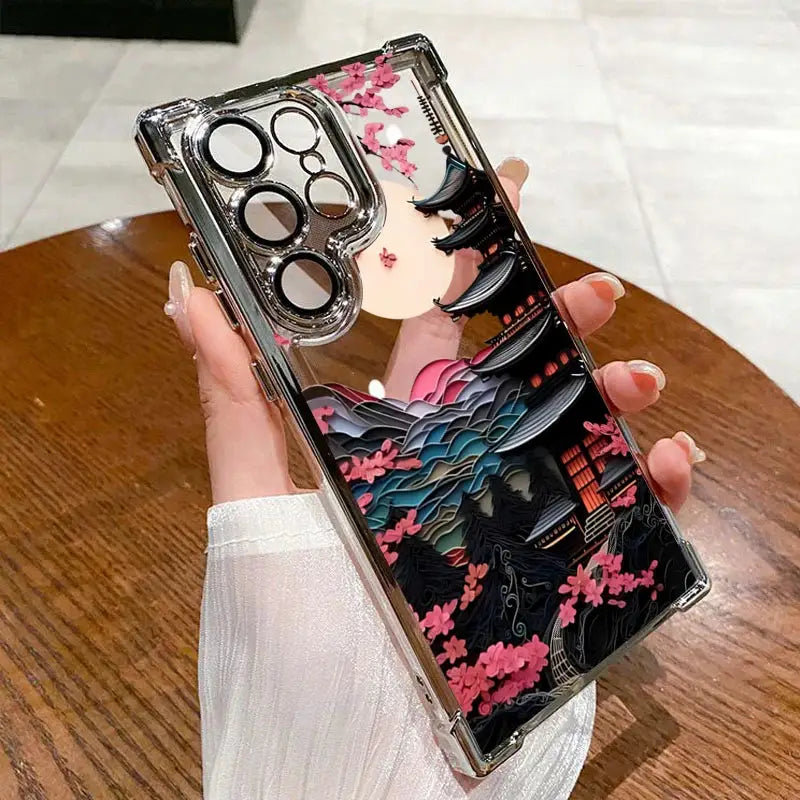 Japanese-Style Ancient House airbag phone case for Samsung Galaxy, clear with pagoda, moon, and pink cherry blossoms
