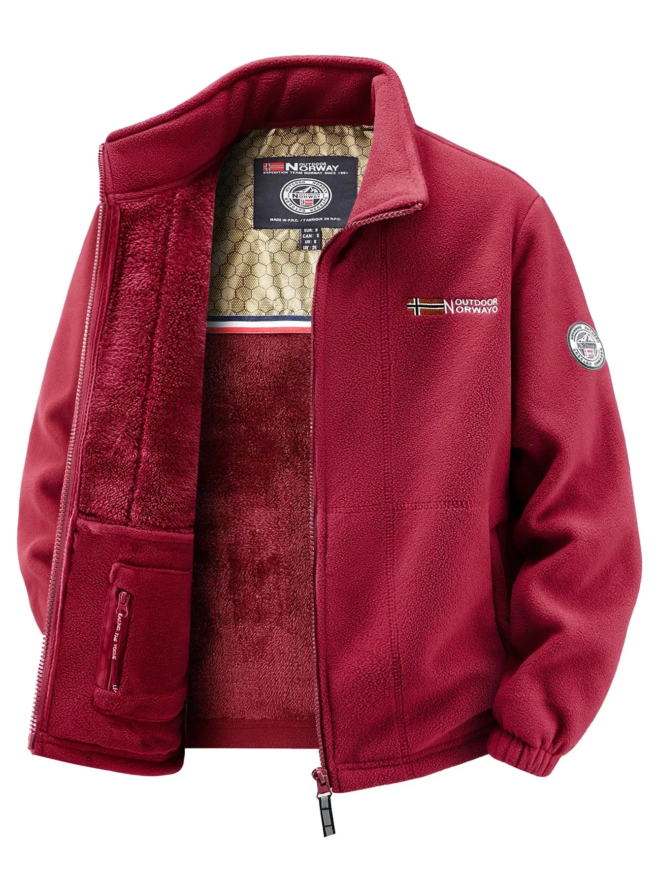 Men's red fleece jacket with zip front, honeycomb inner lining and patches.