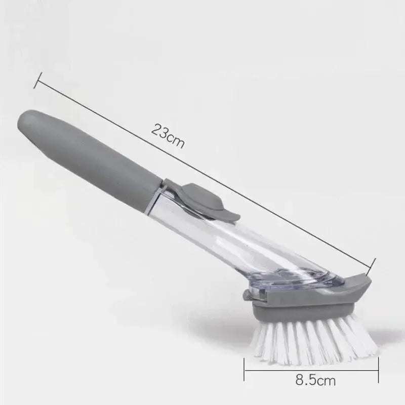 Simples Market refillable liquid cleaning brush with long gray handle, clear reservoir and white bristle head (23 cm)