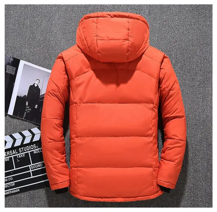Men's orange duck-down puffer jacket with hood, warm and windproof
