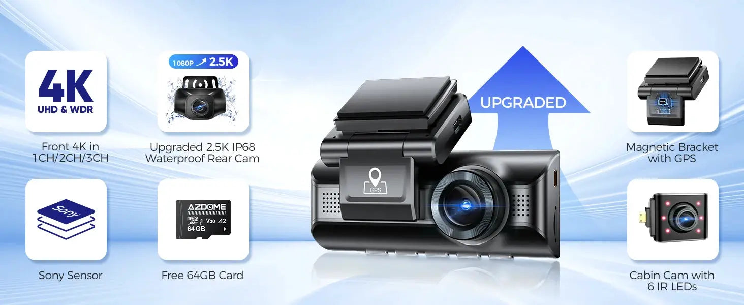 AZDOME M550 Max dash cam with 4K front and 2.5K rear, GPS, WiFi, 150° FOV, 64GB card