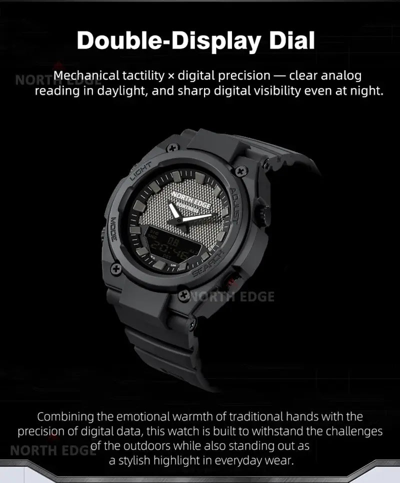 North Edge Fortress 2026 men's digital outdoor watch, black rugged design, 50M water resistant, double-display dial