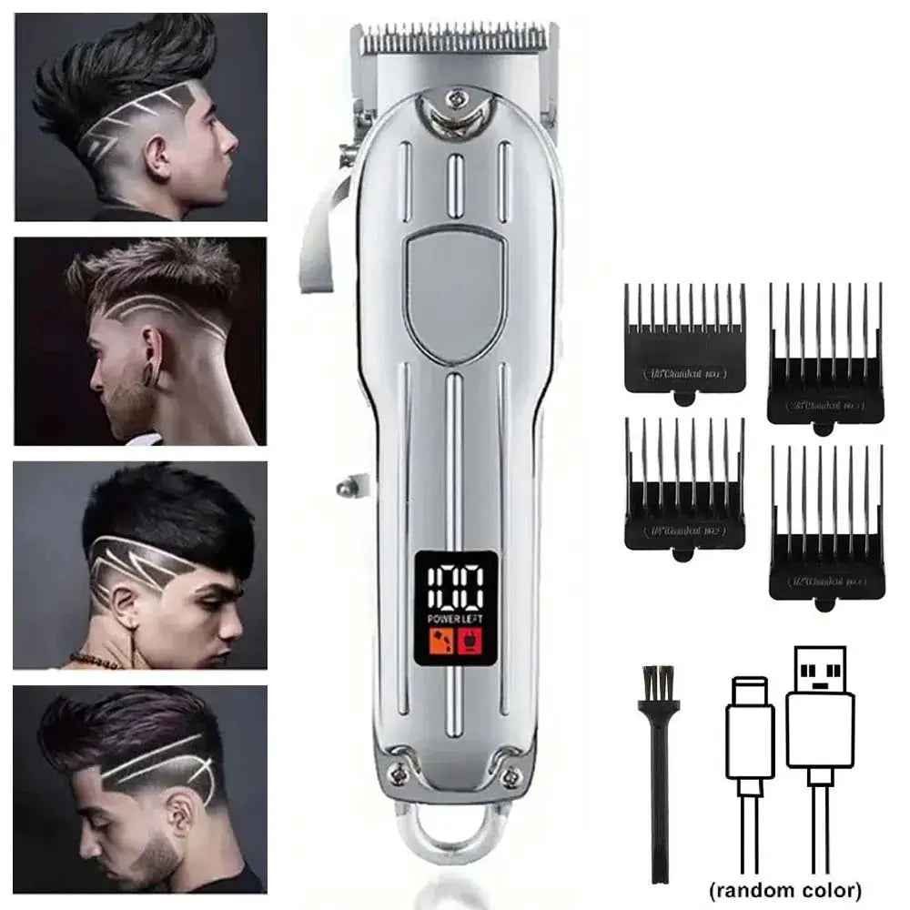 Professional silver hair clipper and trimmer set by Simples Market with digital display and multiple guide combs.