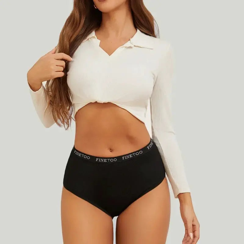 Women's seamless cotton briefs, black high-waisted underwear with FINETOO waistband
