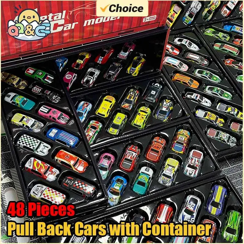 Mini Pull Back Cars Set 10 To 48 Pieces Plastic Vehicle Models With Storage Container Gift For Boys Kids