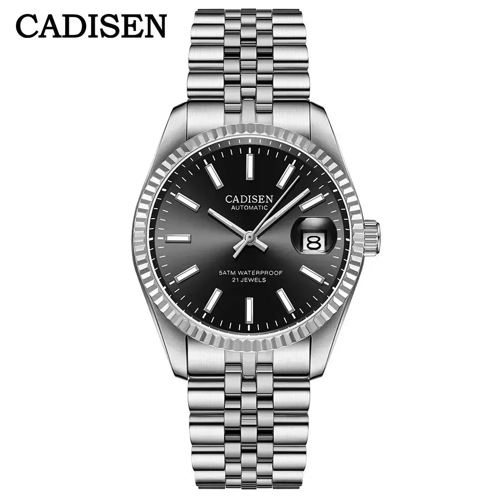 CADISEN men's stainless steel automatic watch with black dial, date window, and link bracelet