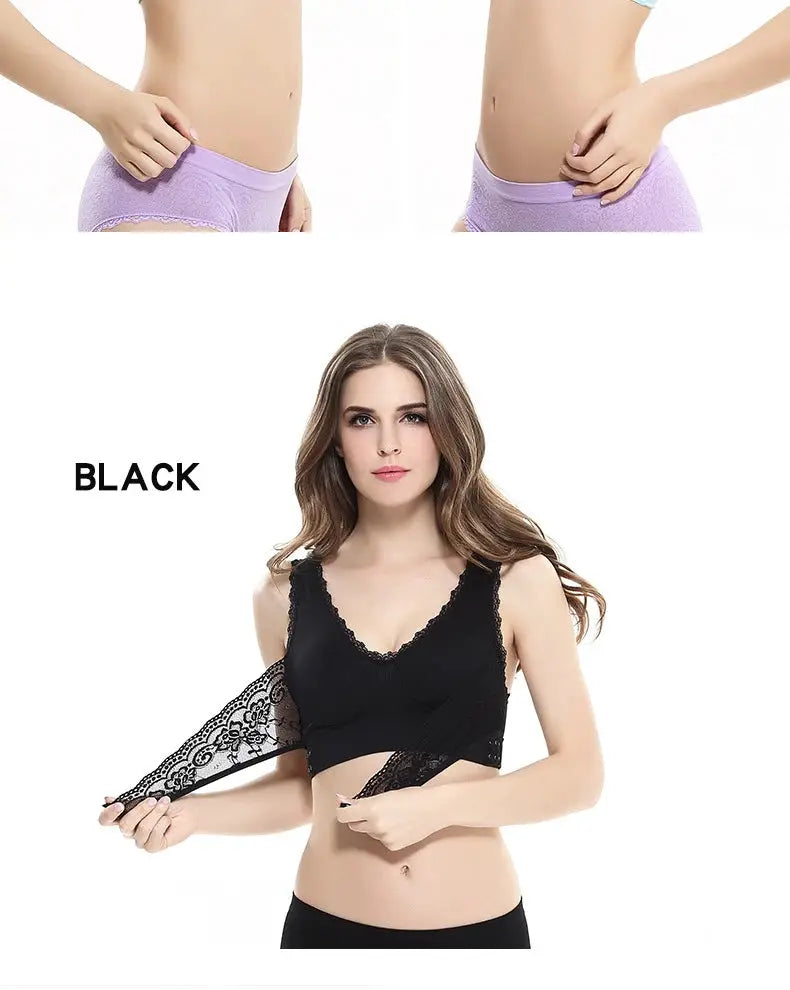 Lace lingerie set: black lace bralette and lavender lace panties.