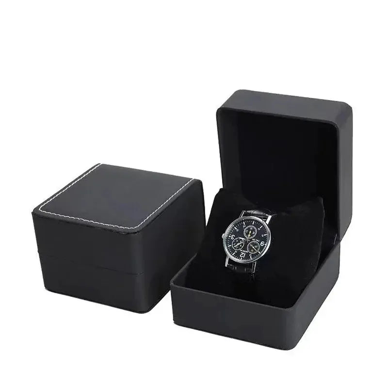 LuxGuard Black PU Leather Clamshell Watch Gift Box With Pillow For Men Display Case