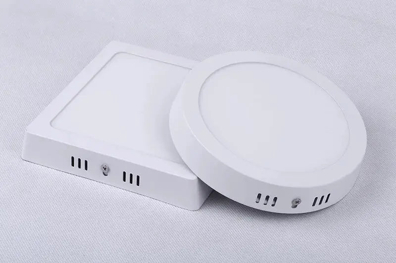 Two white ultra-thin LED ceiling lights: square panel and round disc