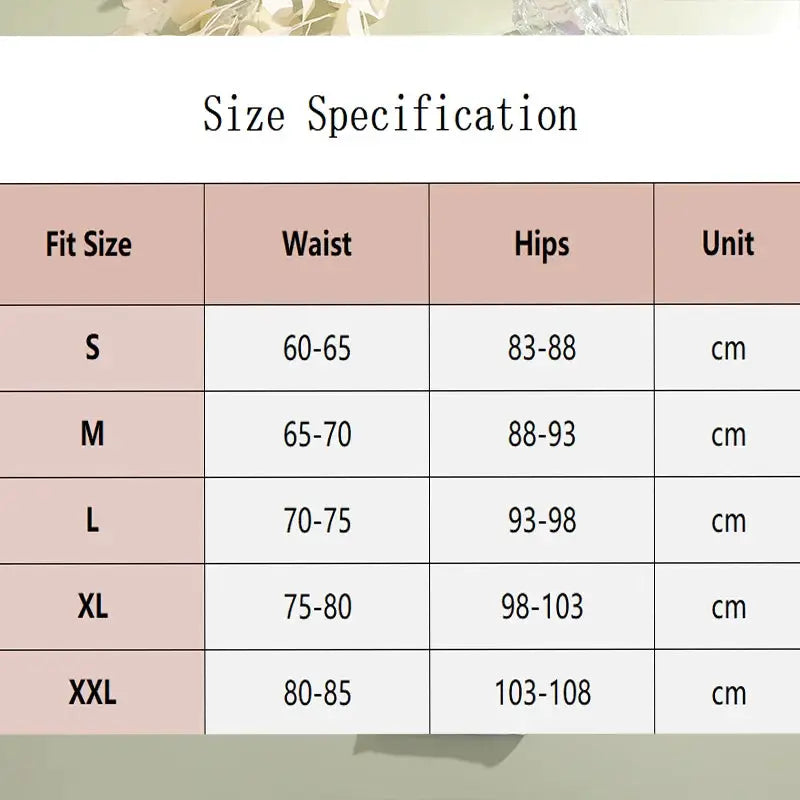 Women's seamless cotton briefs size chart by Simples Market; waist 60–85 cm, hips 83–108 cm (S–XXL)