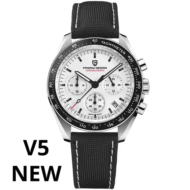 Pagani Design AK Project Mars men's chronograph watch, white dial, black tachymeter bezel, fabric strap.