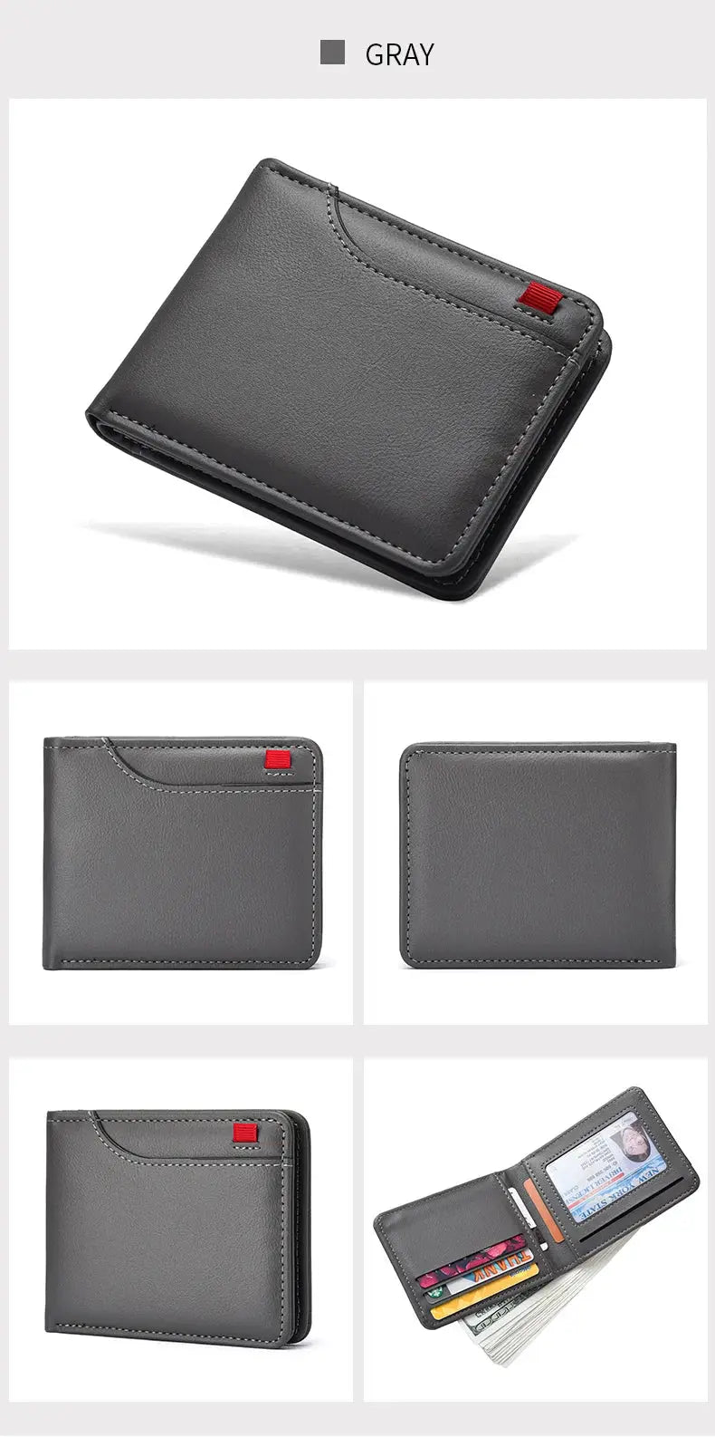 Men's gray wallet with multiple card slots, compact vertical design and red accent stitching