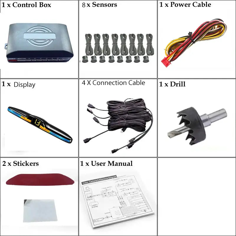 FirstSafe parking sensor kit by Simples Market: control box, 8 sensors, display, cables, drill, stickers, manual.