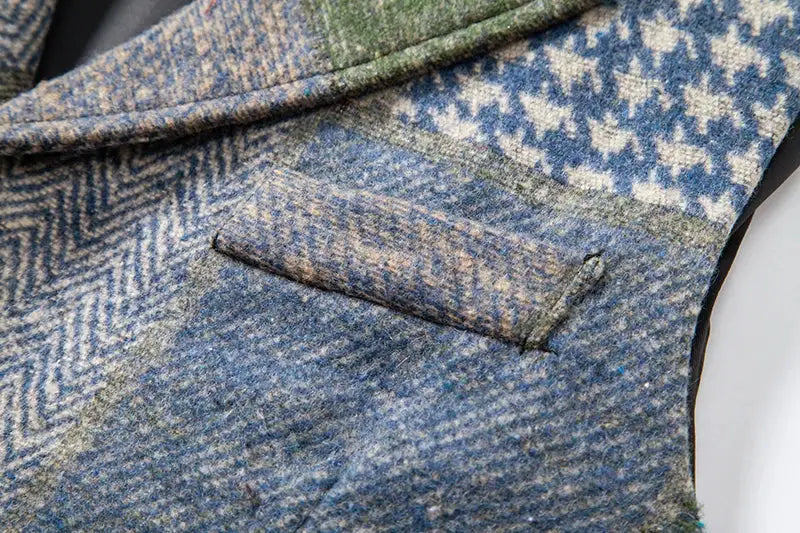 Green tweed plaid waistcoat with lapel, vintage wedding vest fabric texture