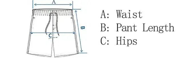 Men's swim trunks diagram with drawstring waistband and measurement arrows for waist, pant length, and hips.