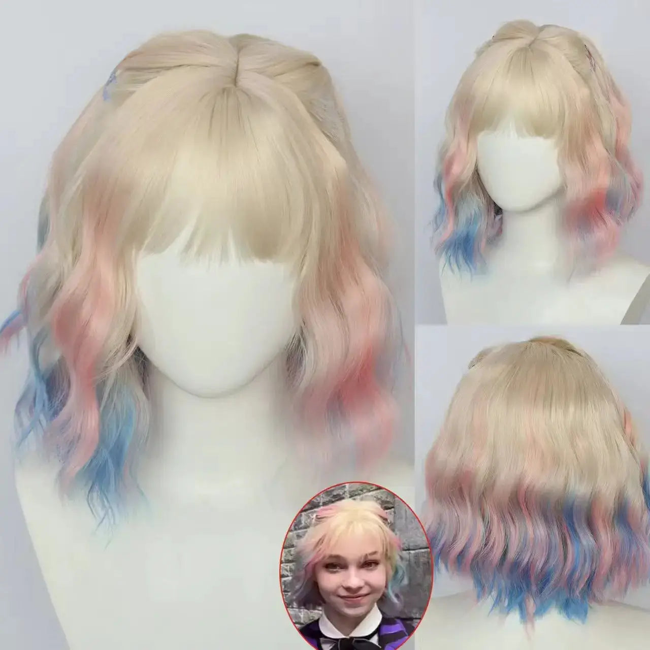 Addams Family Wednesday Enid Sinclair cosplay wig; blonde base with pink and blue ombre, wavy shoulder-length